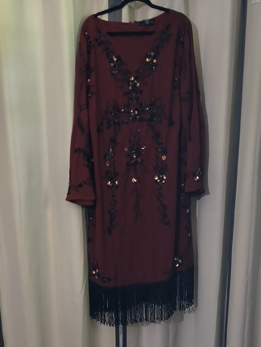 Midnight Velvet Embellished Rust Long-Sleeve Dress with Fringe